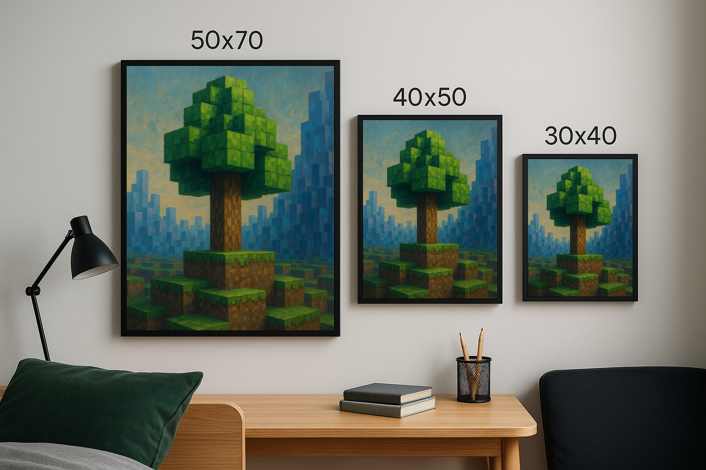 Piksel tarzı dijital ağaç görseli, 50x70, 40x50 ve 30x40 boyutlarında çerçeveli tablo olarak bir çalışma masası üstünde yan yana sergileniyor.