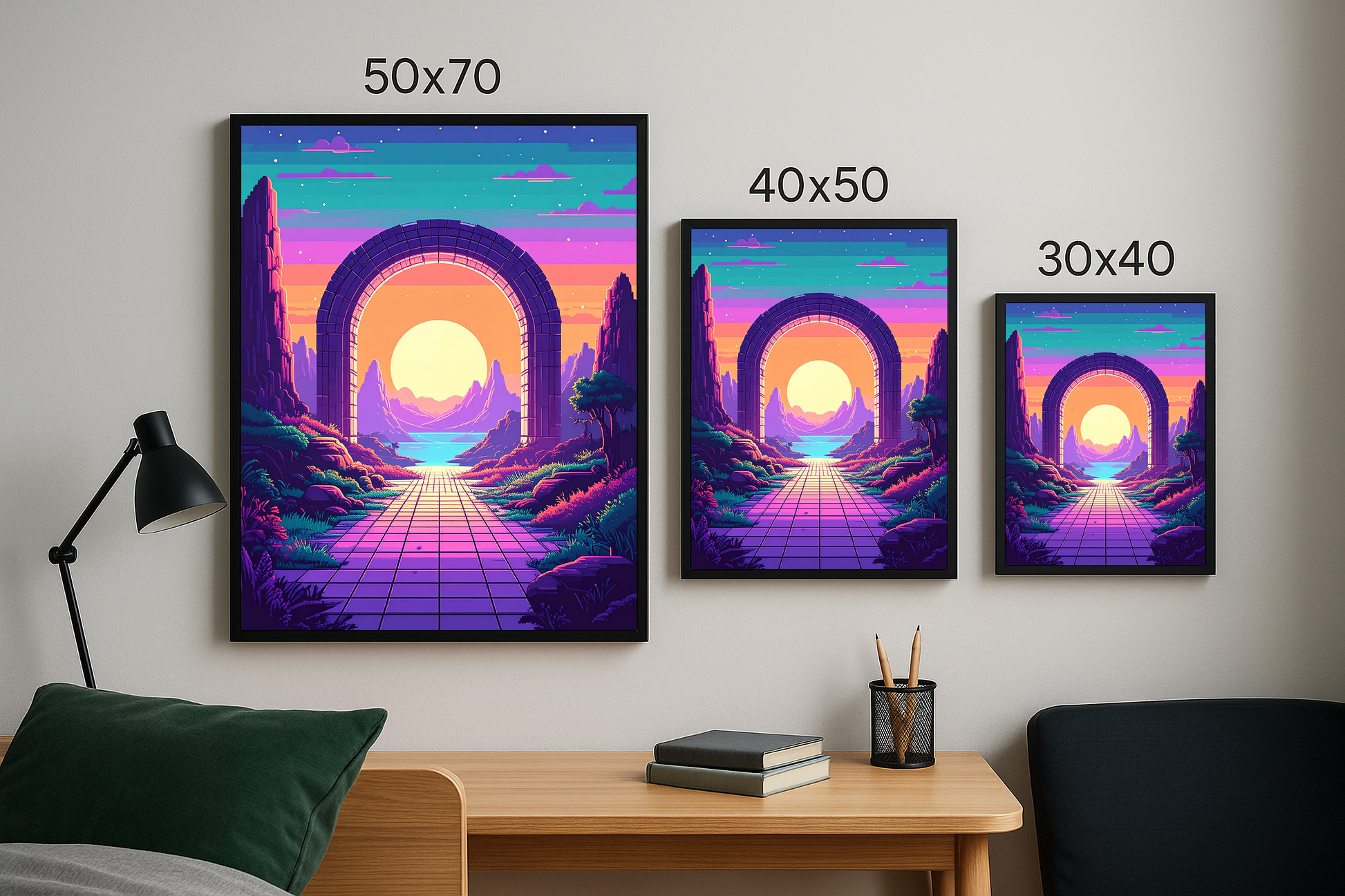 30x40, 40x50 ve 50x70 boyutlarında üç çerçeveli dijital geçit temalı tablo, neon renklerde ve piksel sanat tarzında.