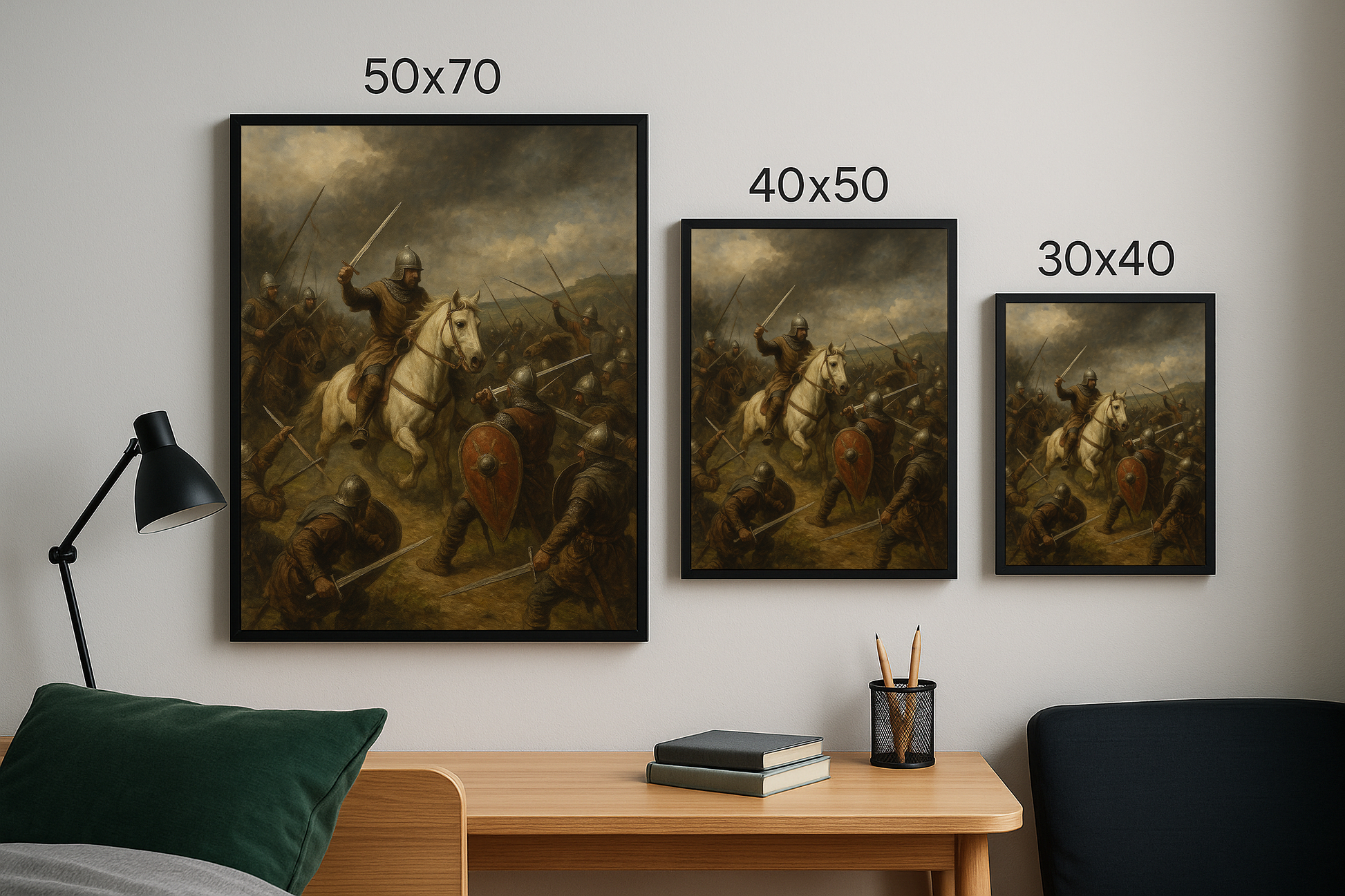 Ortaçağ savaş sahnesi temalı tablo; 50x70, 40x50 ve 30x40 boyutlarında duvarda sergileniyor.