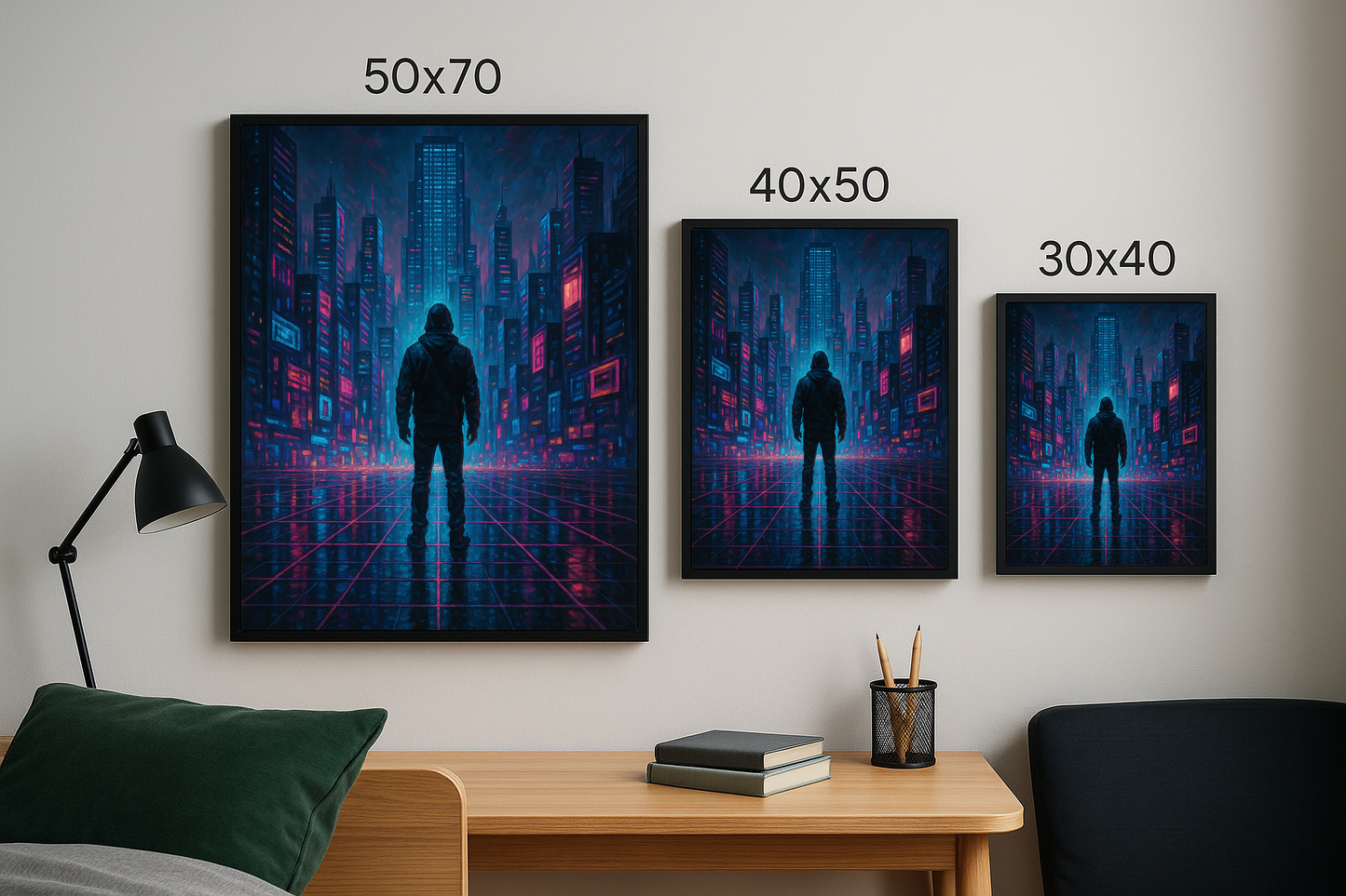 Cyberpunk tarzı dijital şehir manzaralı tablo 50x70, 40x50 ve 30x40 boyutlarında yan yana gösteriliyor.
