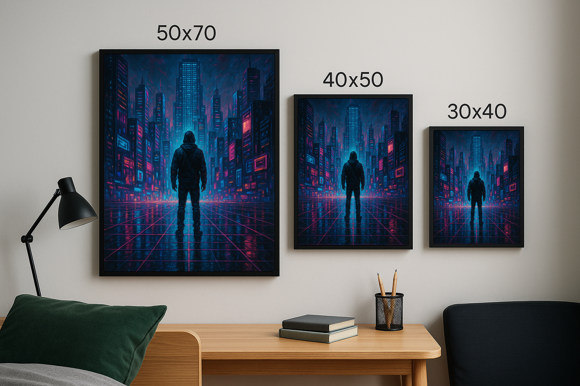Cyberpunk tarzı dijital şehir manzaralı tablo 50x70, 40x50 ve 30x40 boyutlarında yan yana gösteriliyor.