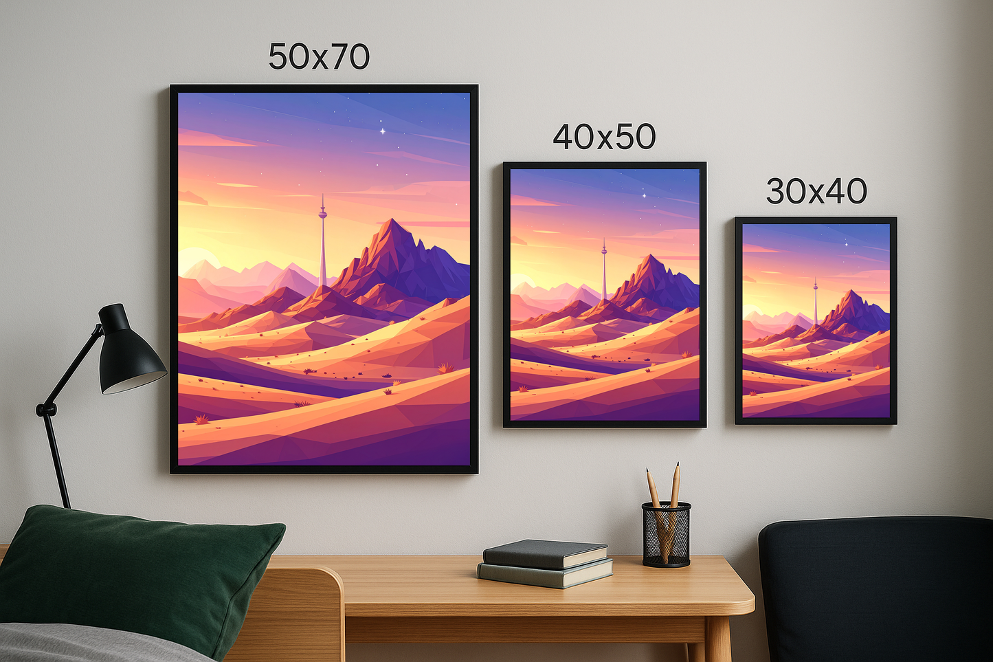 Ufkun Ardında tablosunun üç farklı boyutta (50x70, 40x50, 30x40) sergilendiği sade bir iç mekan.