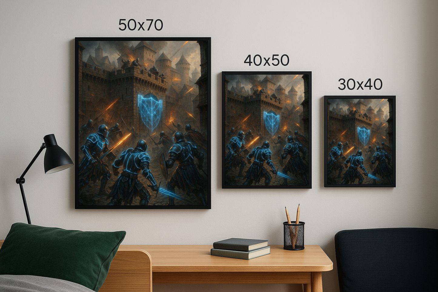 Ortaçağ kale kuşatması temalı tablo, üç farklı boyutta: 50x70, 40x50 ve 30x40 cm olarak duvarda sergilenmiş