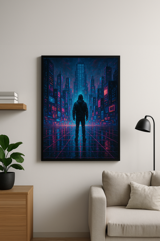Cyberpunk tarzı dijital şehirde duran figür temalı neon aydınlatmalı tablo – salon dekorasyonunda çerçeveli olarak sergileniyor.
