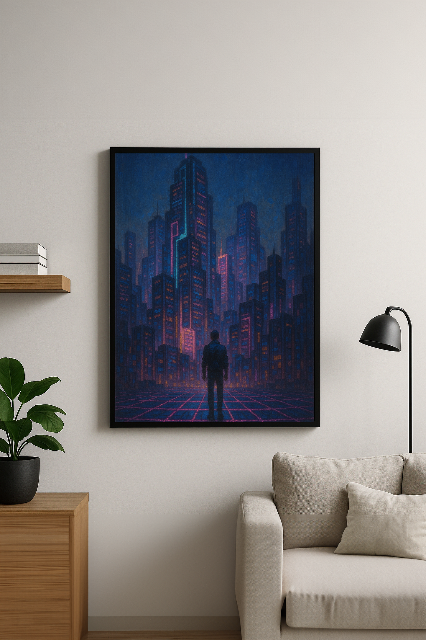 Neon şehir manzarası içinde kaybolmuş yalnız bir figürün yer aldığı “Gökdelenler Arasında” tablosu, cyberpunk estetiğini yansıtan dijital bir sanat eseri.