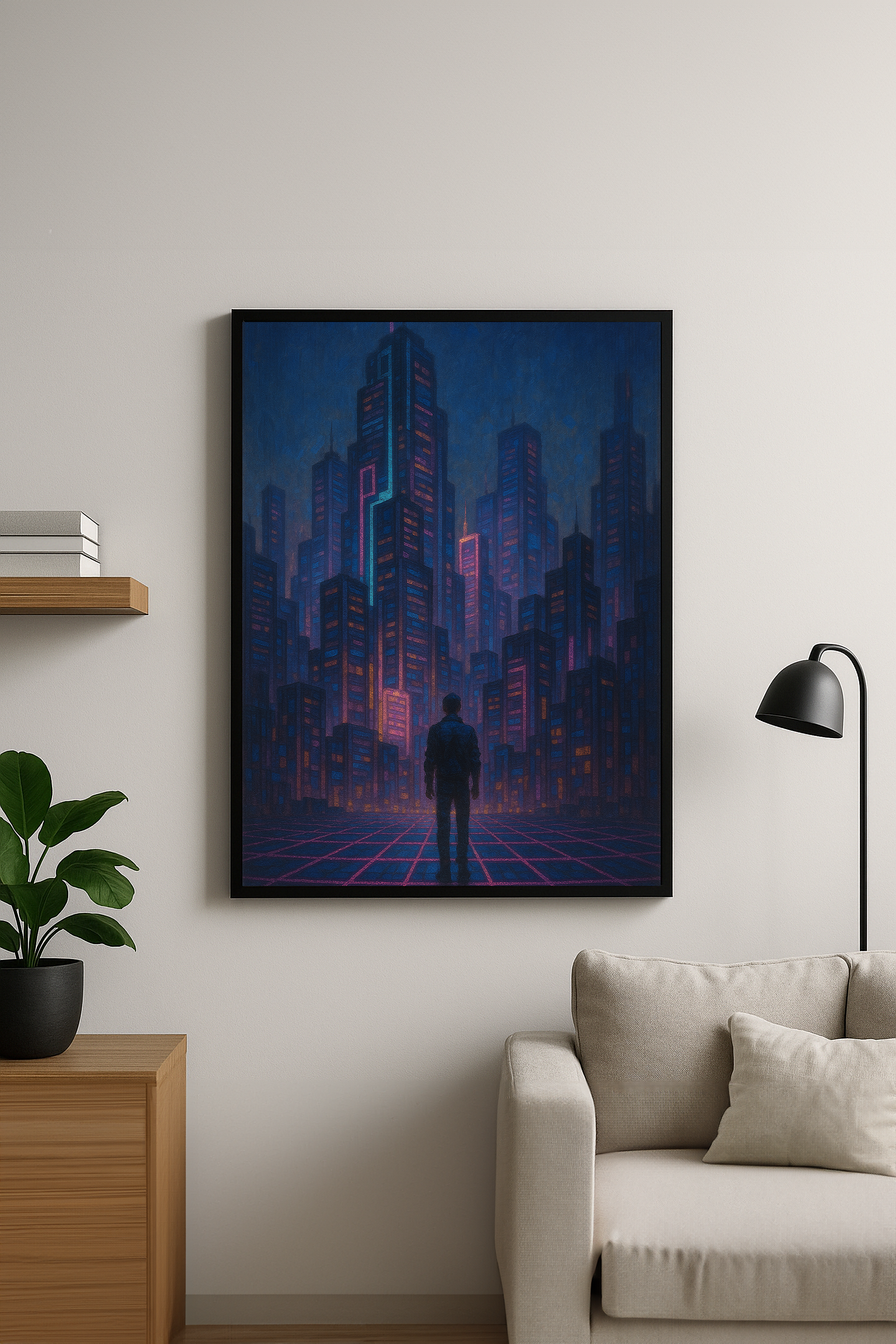Neon şehir manzarası içinde kaybolmuş yalnız bir figürün yer aldığı “Gökdelenler Arasında” tablosu, cyberpunk estetiğini yansıtan dijital bir sanat eseri.