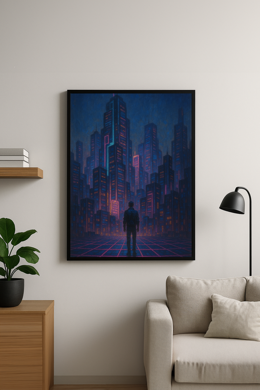 Neon şehir manzarası içinde kaybolmuş yalnız bir figürün yer aldığı “Gökdelenler Arasında” tablosu, cyberpunk estetiğini yansıtan dijital bir sanat eseri.
