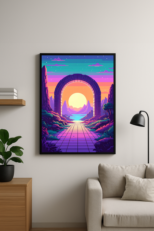 Neon tonlarında parlayan dev bir dijital geçit ve güneşin yükseldiği manzara, tek çerçeveli tablo olarak modern bir odada sergileniyor.