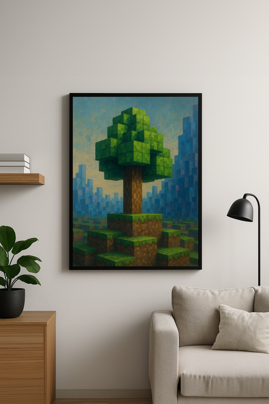 Bloklardan oluşan dijital bir manzarada ortada duran piksel tarzı ağaç, 50x70 çerçeveli tablo olarak modern bir oturma odası duvarında sergileniyor.