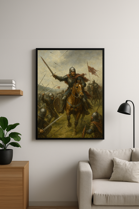 Siyah çerçeveli, 50x70 boyutunda bir tablo. Tabloda, savaş alanında öne çıkan bir süvari ve arkasında savaşan askerler yer alıyor. Arka plan kasvetli, tablo gerçekçi ve tarihî bir atmosfer sunuyor.