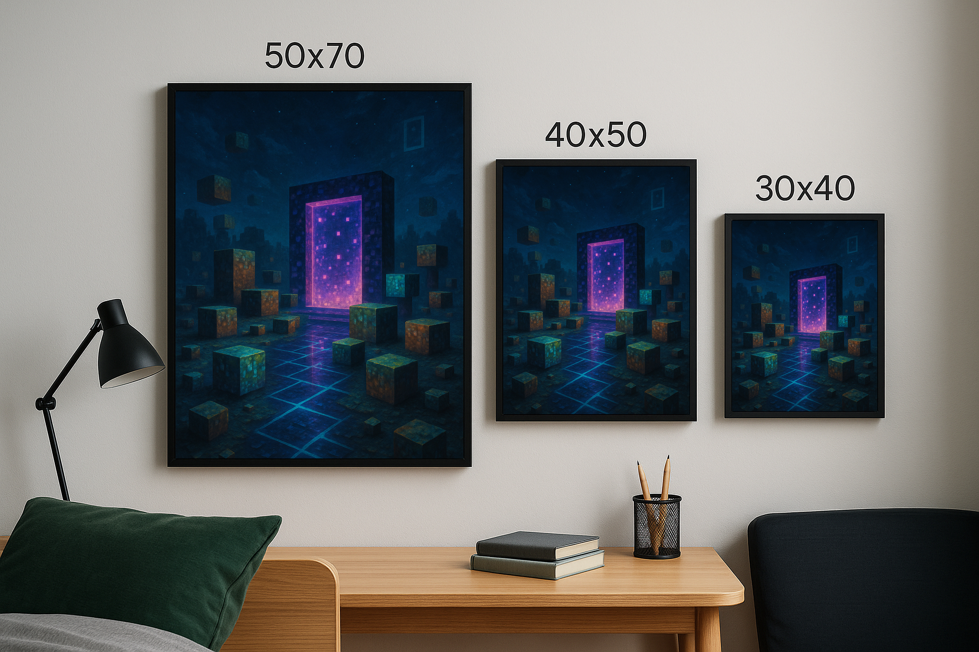 Dijital geçit temalı tablo, üç farklı boyutta (50x70, 40x50, 30x40) çerçeveli şekilde duvarda sergileniyor. Piksel bloklardan oluşan gece manzarası ile dikkat çekiyor.